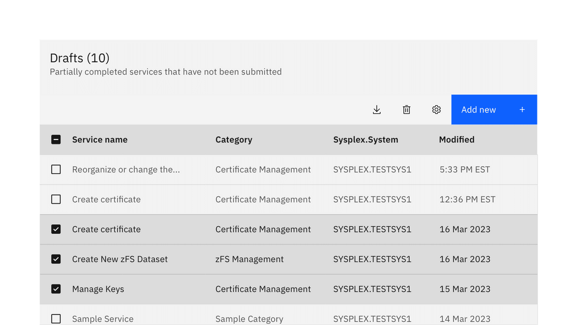 Example of a data table with selection